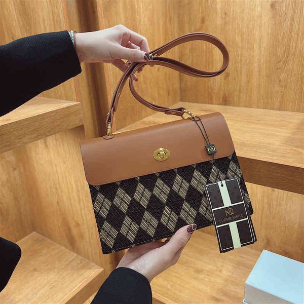 

2022 factory wholesale new lingge printed bag personalized sewing line color matching pu women's small square single shoulder bag