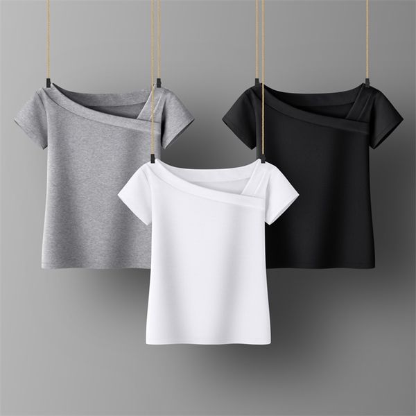 

women sweetshirts short sleeve womens clothing black white t-shirts for girls skew collar summer clothes design woman 220321