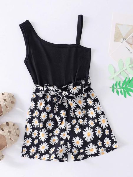 

toddler girls floral print asymmetric neck belted romper she, Blue