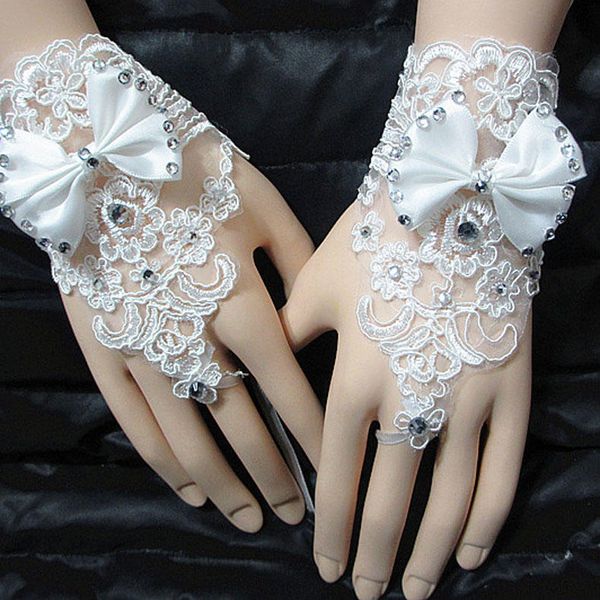 

1 pair of gloves wedding gown accessories fingerless gloves inlaid rhinestone bowknot for bridal lace gloves, White