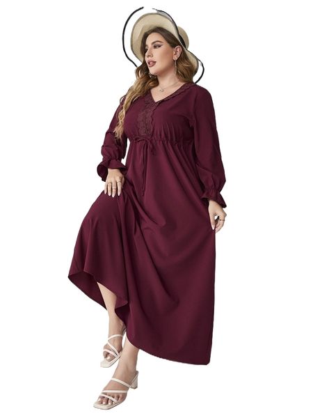 

plus flounce sleeve drawstring waist contrast lace dress 00u6#, Black