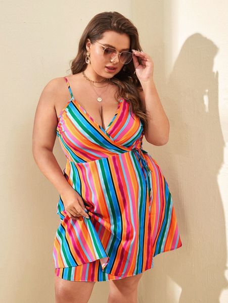 

plus block striped knot side cami dress n7rc#, Black