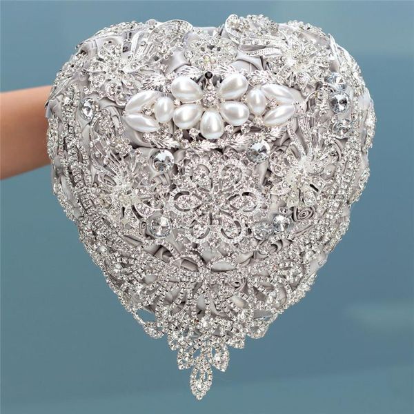 Flores de casamento 18 cm de luxo prateado shinestone bouquets de noiva completa Flor artificial de buquê em forma de coração w520wedding