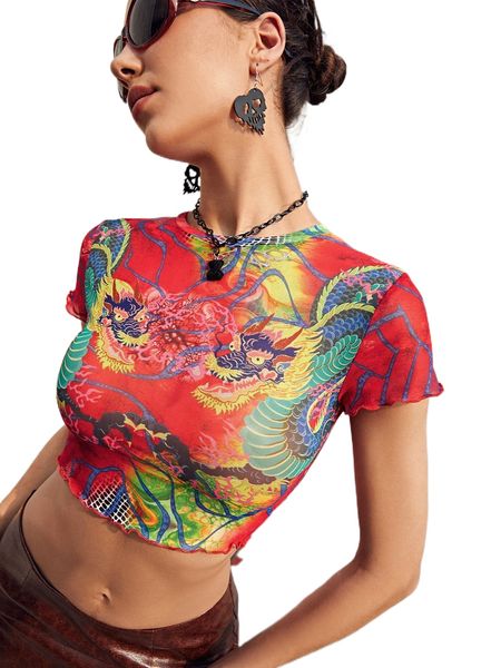 

chinese dragon print lettuce trim crop tee d2rg#, White