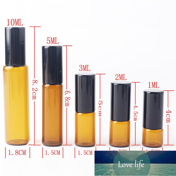 10pcs 1ml 2ml 3ml 5ml 10ml Amber Amber Thin Glass Rotol on Bottle Sample Test Essential Oil Defume Fials con palla di metallo rullo nero