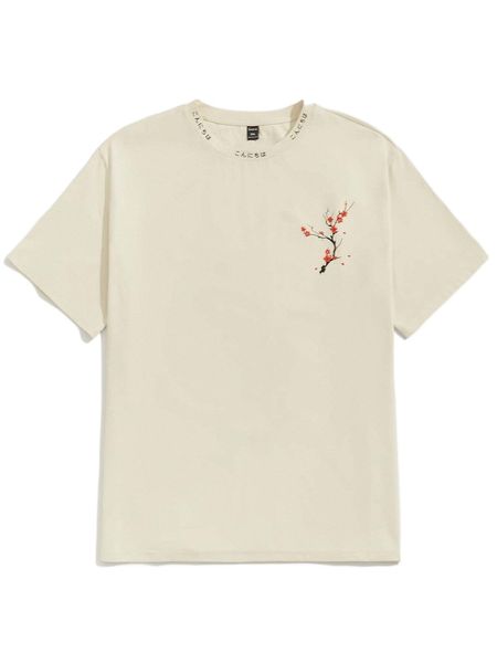 

extended sizes men japanese letter & floral print tee z1b0#, White;black