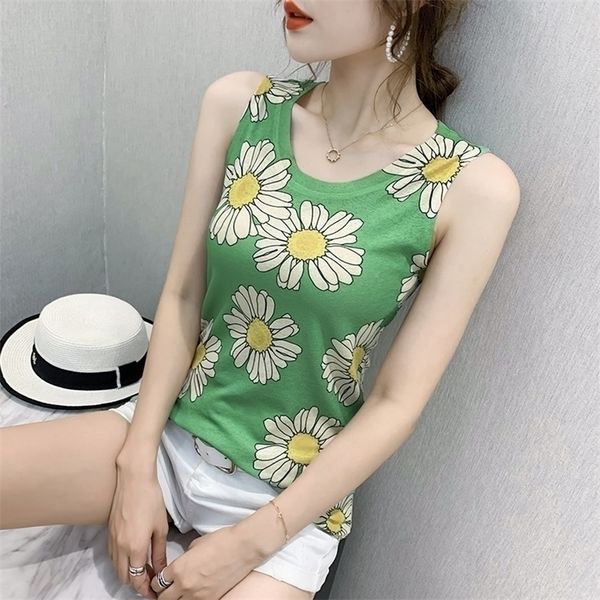 

the spring and summer scene shooting fashion brief paragraph printed vest small chrysanthemum sleeveless female t-shirt 220318, White