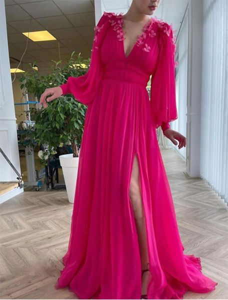 

a-line evening dresses empire high split dress prom formal evening sweep brush train v neck long sleeve chiffon with butterfly, Black