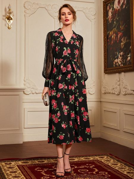 

floral print lace panel bishop sleeve dress s37l#, Black;gray