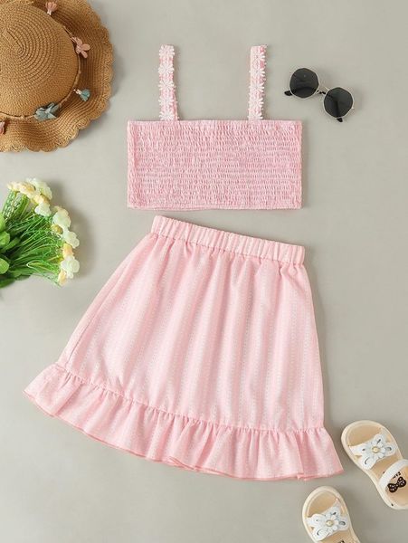 

girls shirred guipure lace detail cami & ruffle hem skirt she, White