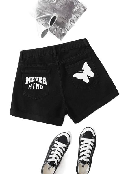 

slogan & butterfly print denim shorts m3sk#, White;black