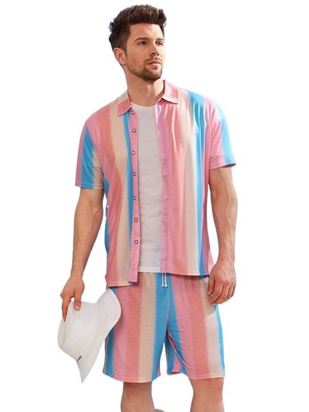 

men color block striped print shirt & shorts without tee 57vm#, Gray