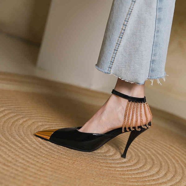 

sandals high heels black summer pointed metal chain sandals women's one line buckle stiletto shoes u88h