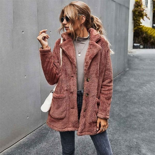 

autumn faux fur coat women teddy coat ladies fluffy winter coat women long sleeve plush warm teddy jacket female lj201204, Black
