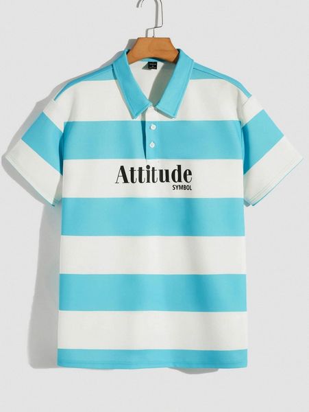 

men letter graphic striped button half placket polo shirt m76u#, White;black