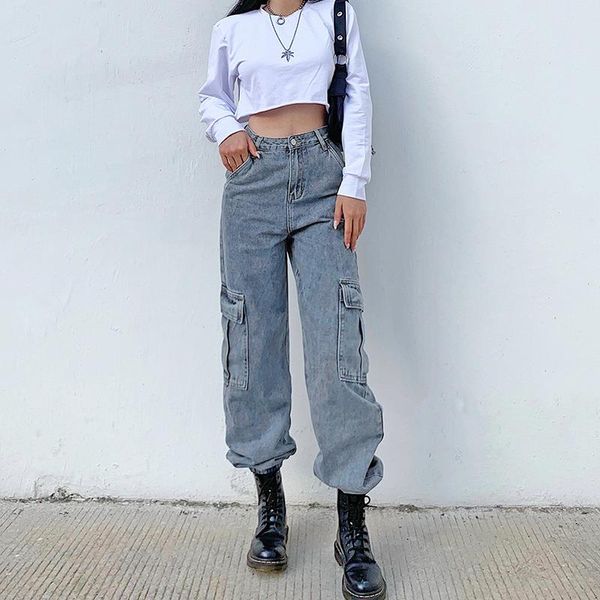 

women loosed high waist capri fashion streetwear zipper long jeans with big pockets for hip hop vintage demin all-match cargo, Black;white