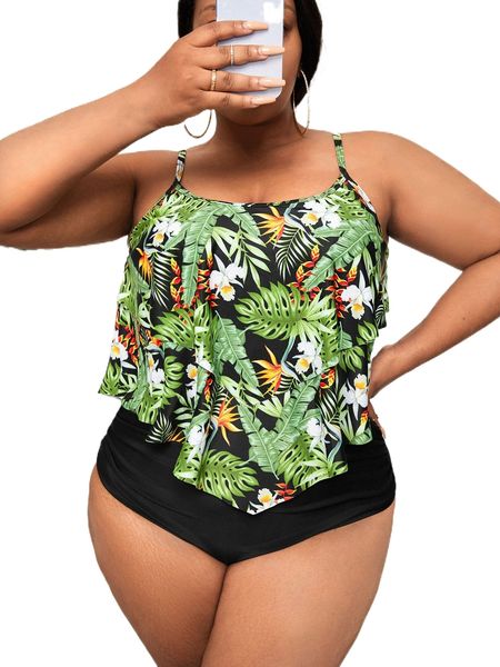 

plus tropical print hanky hem high waist bikini swimsuit m0pl#, White;black