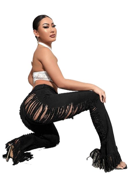 

sxy high waisted ripped raw hem bootcut jeans q6xf#, Blue