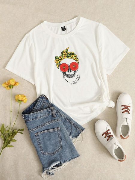 

plus floral & skull print tee j7as#, Black