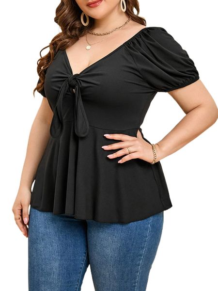 

plus knot bust puff sleeve peplum tee v9hr#, Black
