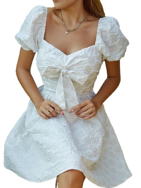 

puff sleeve tie front dress c34r#, Black;gray