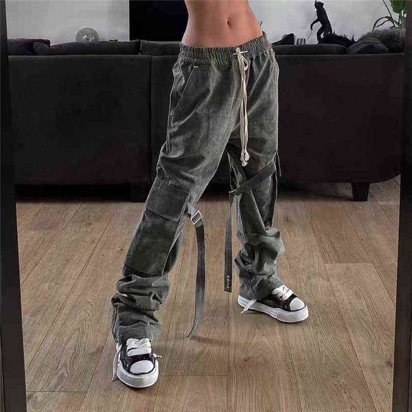 

askyurself vintage streamer loose casual pants high street straight tube bandage overalls t220803, Black
