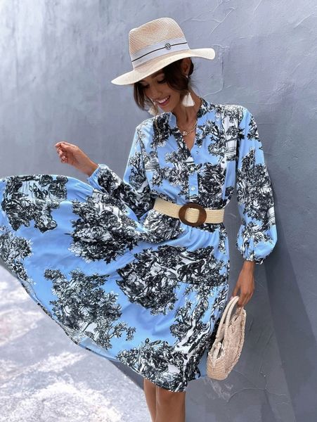 

plants print half button dress without belt g291#, Black;gray