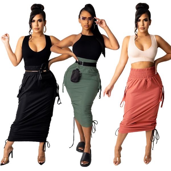 

summer solid color shirred pleated short skirts for women high waist folds midi skirt hn075, Black