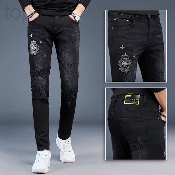 

men's jeans designer 2021 autumn and winter new men's slim fit jeans black fashion embroidery hole korean pants wioc, Blue
