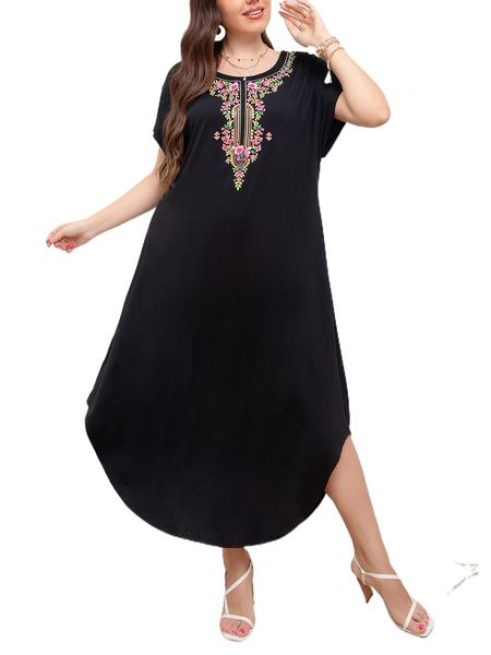 

plus floral print dolman sleeve curved hem tee dress n0s5#, Black