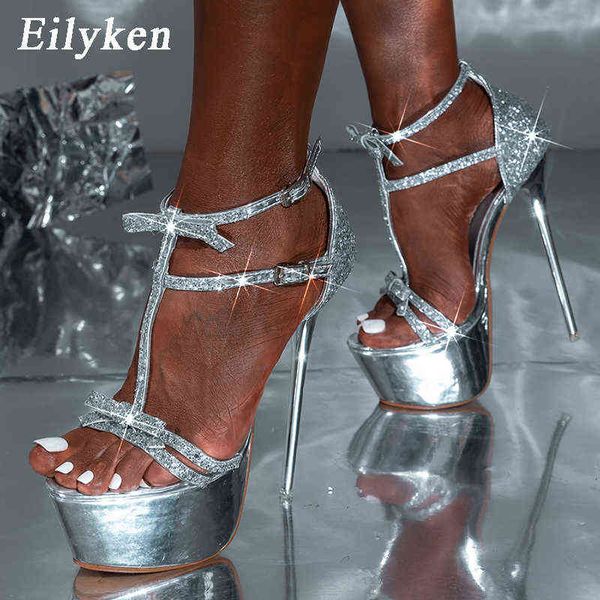 

sandals eilyken style runway super thin high heel shoes summer double buckle bling sequins bow stripper sandals 220318, Black