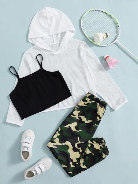 

girls 1pc cami & 1pc camo pants & 1pc mesh hoodie she, White