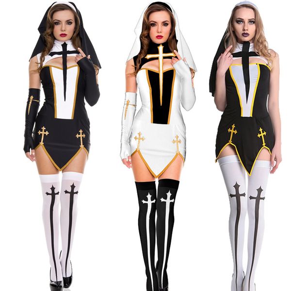 

lingerie cosplay new nun costumes game uniforms halloween virgin mary priest costume choir nightclub stage costume, Black;red