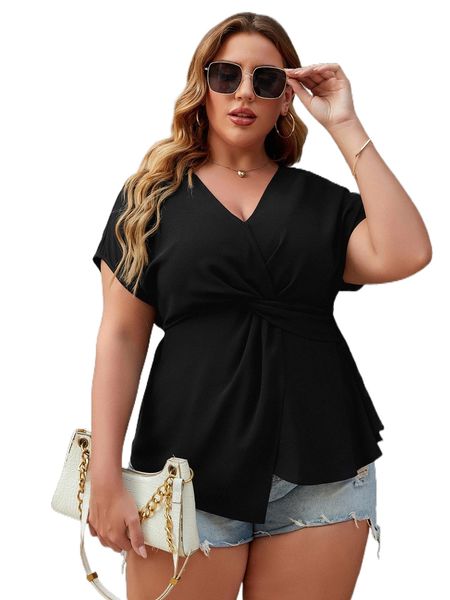 

plus twist front asymmetric hem blouse x5w1#, Black