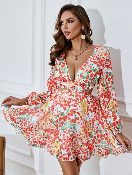 

glamaker allover floral print cutout plunging neck a-line dress s77w#, Black;gray