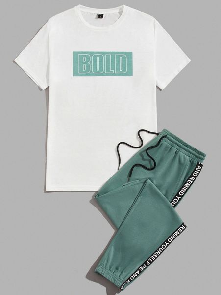 

men letter graphic tee and letter taped sweatpants set c32w#, Gray
