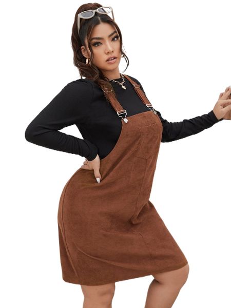 

plus patched pocket corduroy overall dress without tee 67zm#, Black