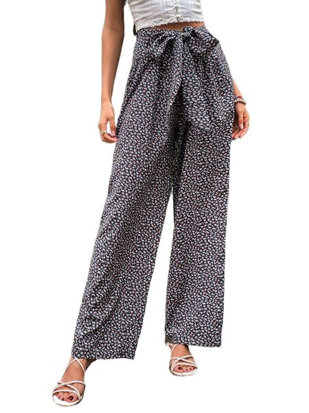 

ditsy floral print knot front wide leg pants u2y7#, Black;white