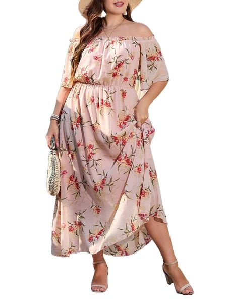 

plus allover floral print off shoulder frill trim dress z2wp#, Black