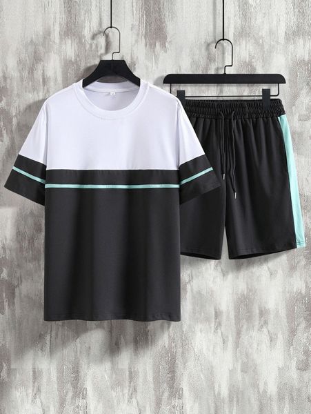 

men colorblock contrast tape tee & side seam shorts a0yp#, Gray