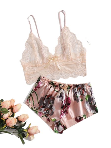 

floral lace bralette with floral print satin shorts f3va#, Black;red