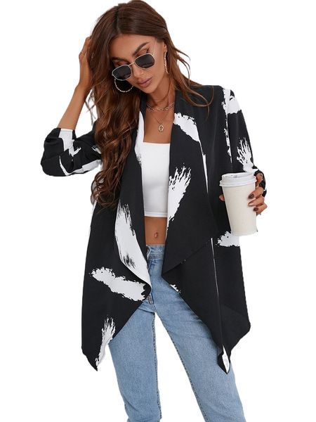 

brush print waterfall collar roll tab sleeve coat h4mj#, Black