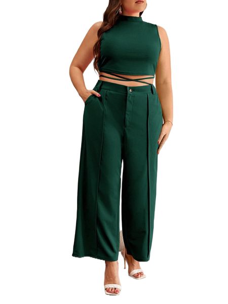 

plus mock neck crisscross tie back & wide leg pants s4ot#, Black