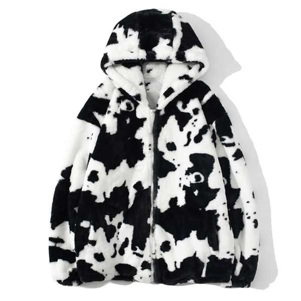 

men streetwear cow print zipper cardigan hooded coats autumn winter harajuku loose couple coat outwear hoodie lambswool jacket 201218, Black;brown