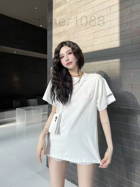 

women's t-shirt designer ch22 summer new heavy industry pasted cloth embroidery sanskrit printing loose short sleeve t-shirt with bag w, White