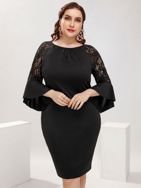 

plus contrast lace flounce sleeve bodycon dress y73e#, Black