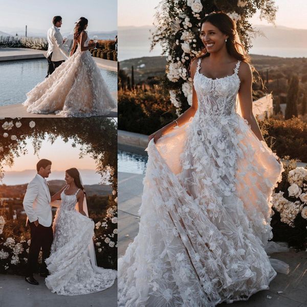 Bohemian Beach Abiti da sposa 2022 3D Florals Pizzo Backless Sweep Train Plus Size Boho Garden Abiti da festa da sposa robe mariage