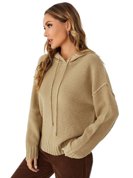 

drop shoulder waffle knit hooded sweater 96pa#, White;black