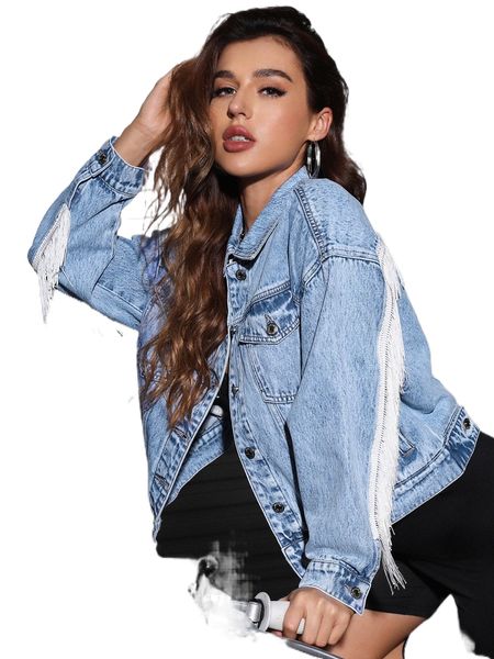 

fringe trim drop shoulder denim jacket j8jw#, Black;brown