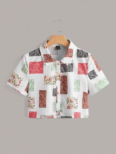

patchwork print button front blouse h0qa#, White